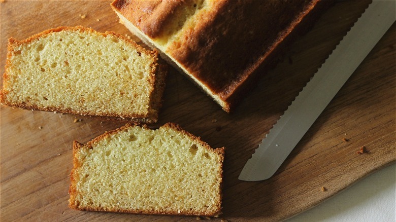 Pound cake sliced with knife