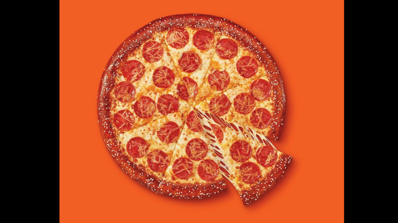 Top-down view of a Little Caesars Pretzel Crust Pizza