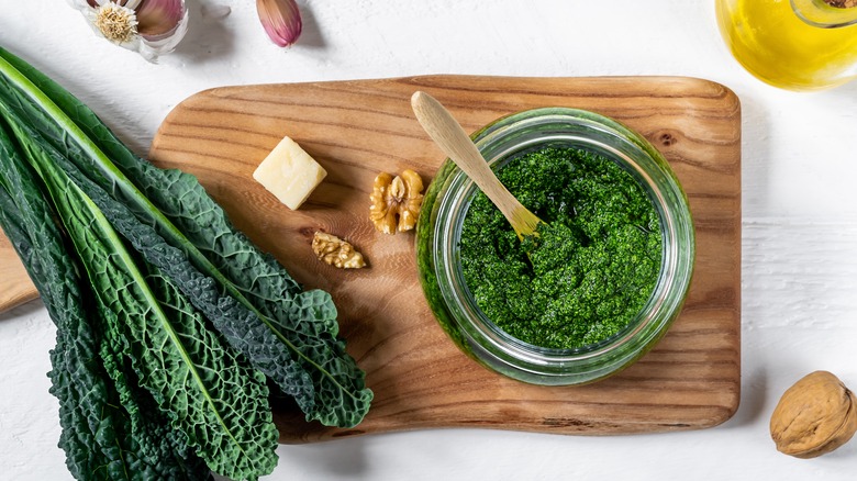 Kale pesto on cutting board