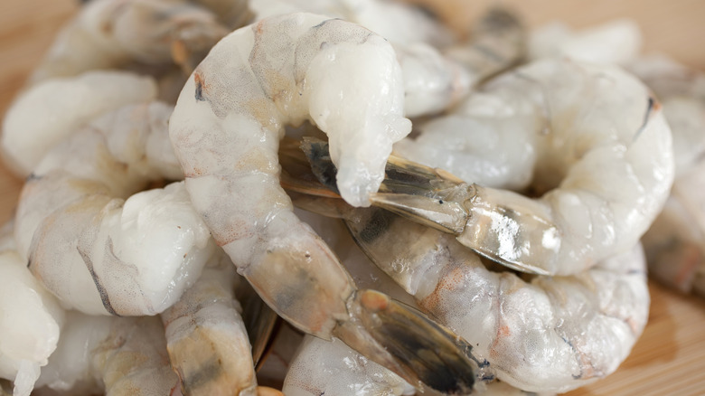 Pile of raw shrimp up close