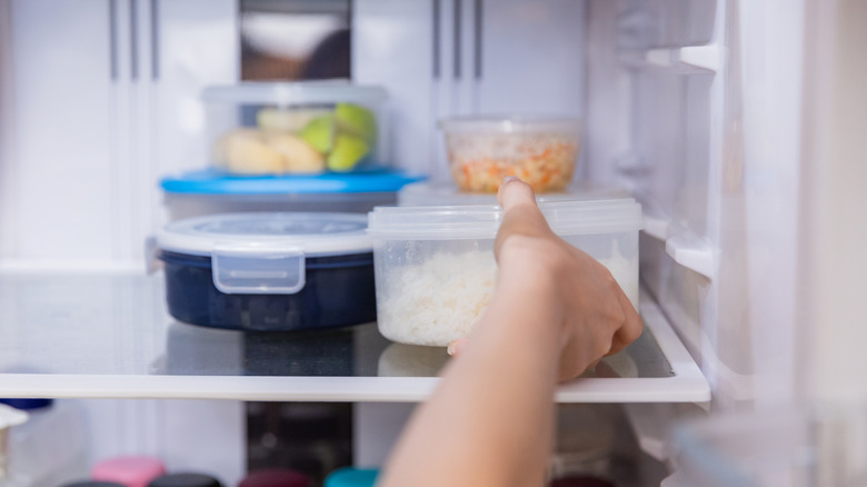 Person putting rice in refrigerator