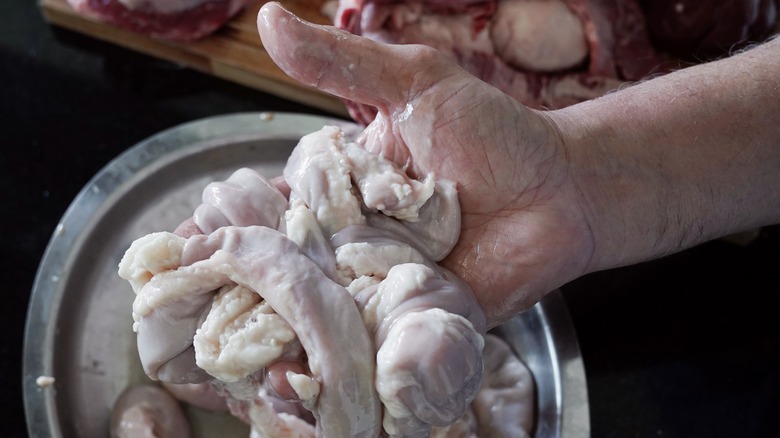 Above shot of chitterlings being washed in a sink