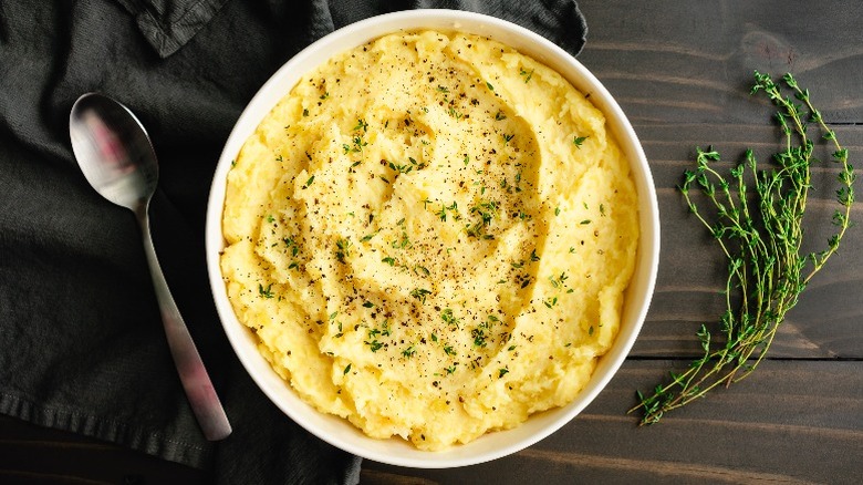 Bowl of buttery yukon gold mashed potatoes