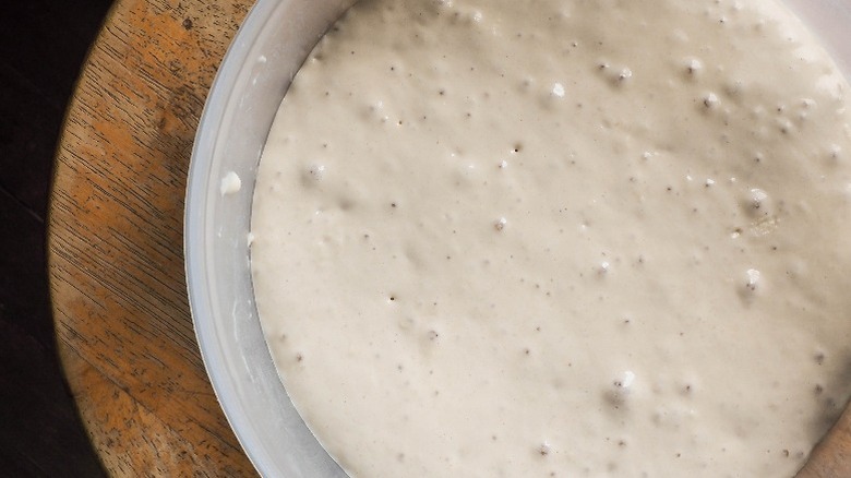 bowl of poolish on a wooden board