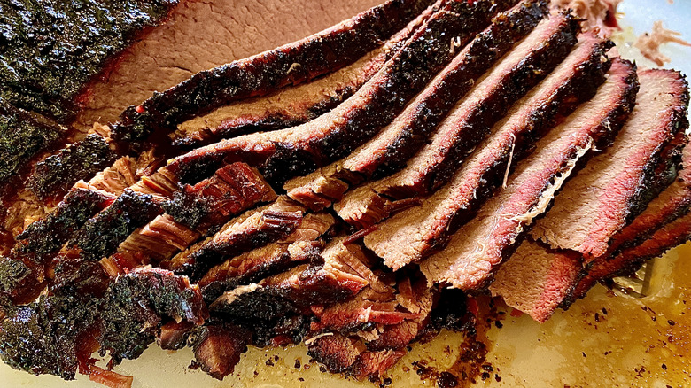 Top-down close-up of sliced beef brisket
