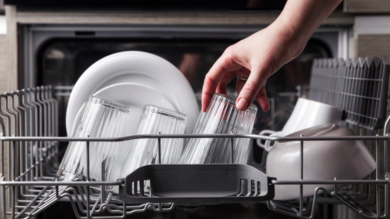 Person placing glass in dishwasher
