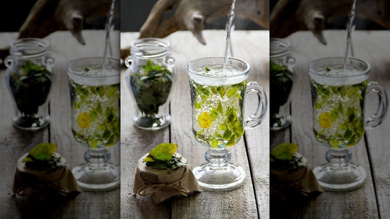 Water pouring into wintergreen tea