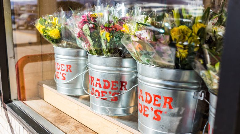 Buckets of flower bunches in Trader Joe's