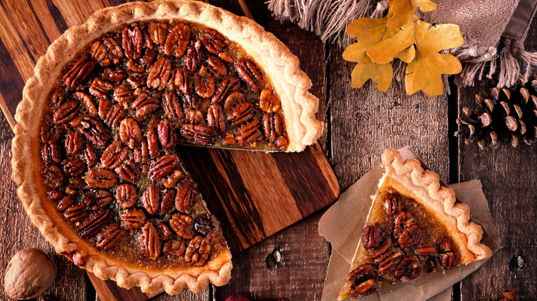 pecan pie on wooden board