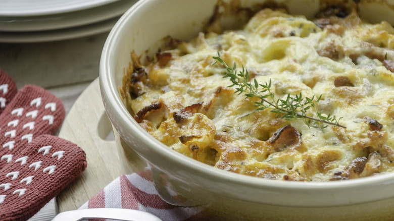 Cheesy casserole in a round dish 