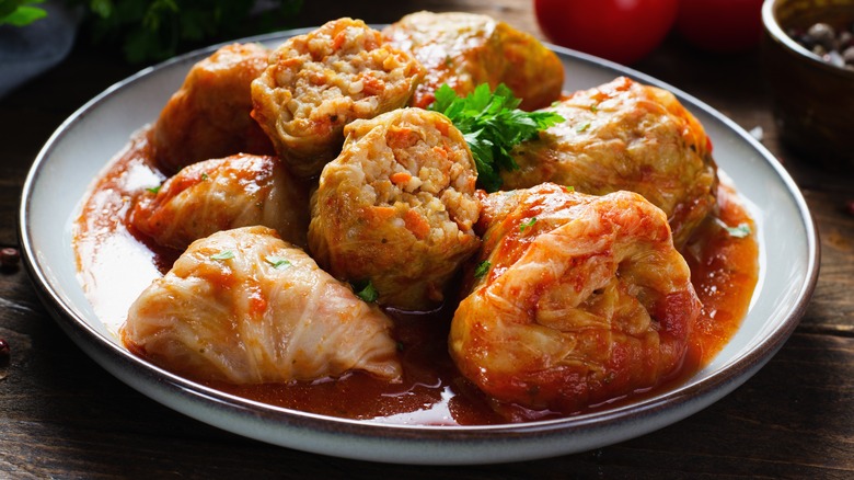 Plated rolls of stuffed cabbage