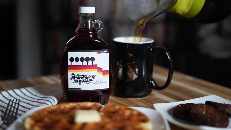 hickory syrup on pancakes with coffee