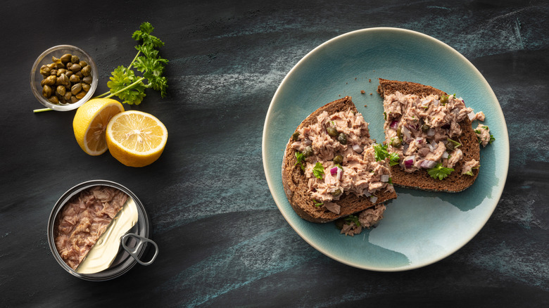 Tuna salad on rye bread  on a plate