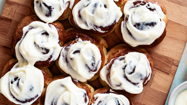 Cinnamon rolls on wood board