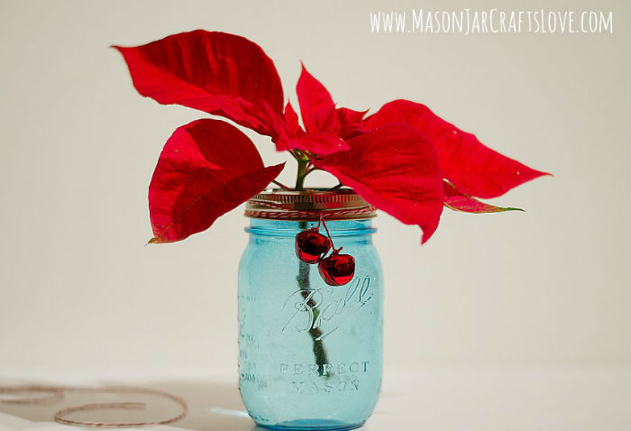 Poinsettias in Blue Mason Jars