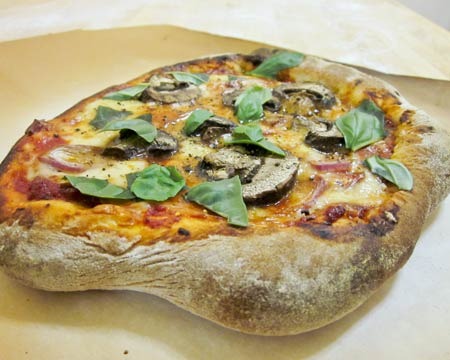 Mushroom Pizza with Gouda, Shallot and Basil