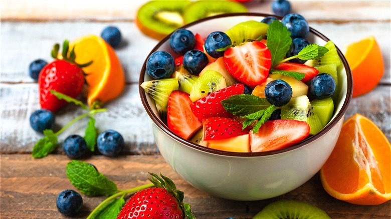 Bowl of mixed fruit with mint 