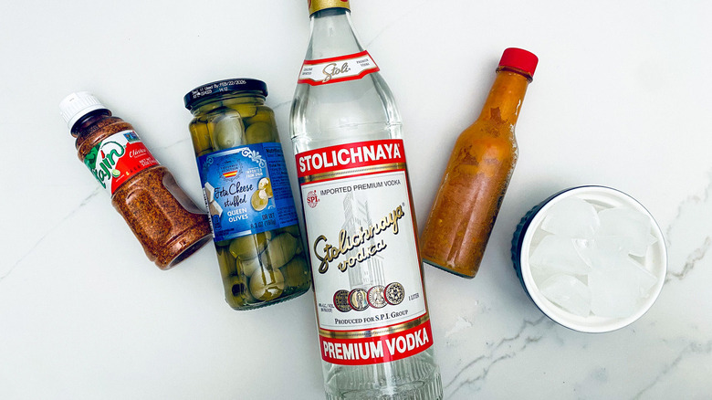 ingredients for spicy olive martini