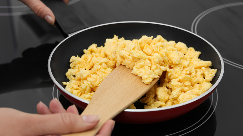 Skillet of scrambled eggs 