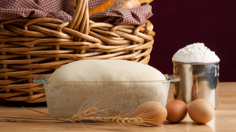 Bread dough rising in dish