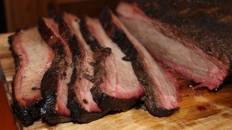 brisket sliced on cutting board