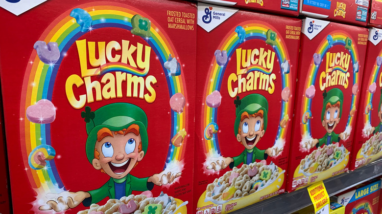 Aisle of Lucky Charms cereal boxes