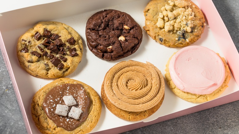 Six Crumbl cookies in box