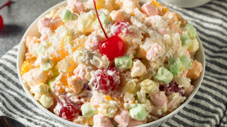 ambrosia salad with cherry on top 