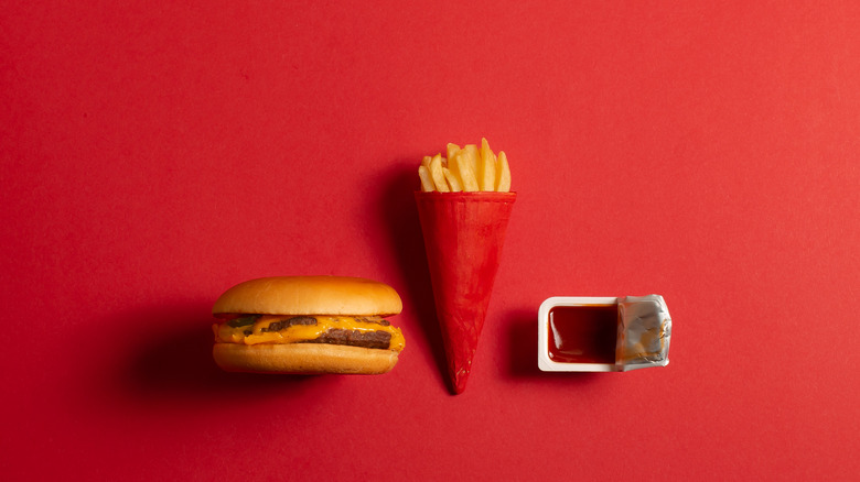 mcdonald's burger, fries, and ketchup