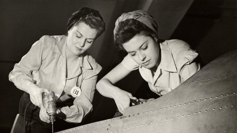 Two women drilling during World War II