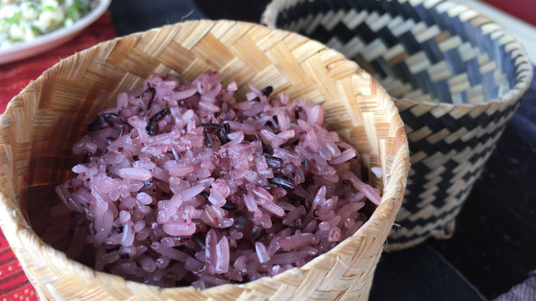 Purple sticky rice in steamer basket