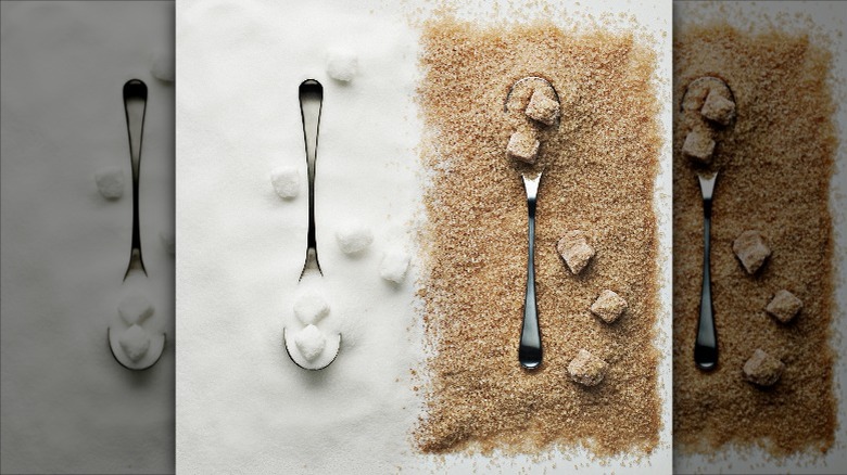 white and brown sugar with spoons