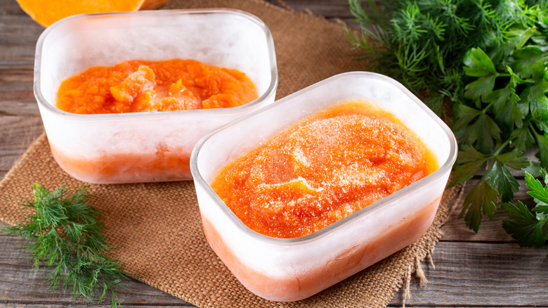 Frozen pumpkin puree in two glass dishes