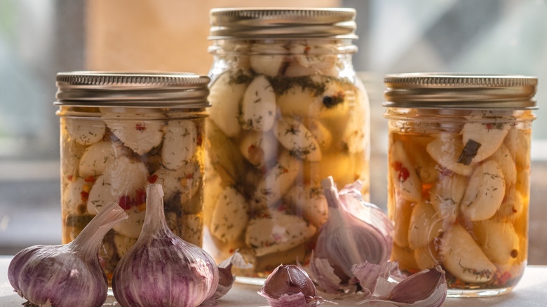 Jars of pickled garlic