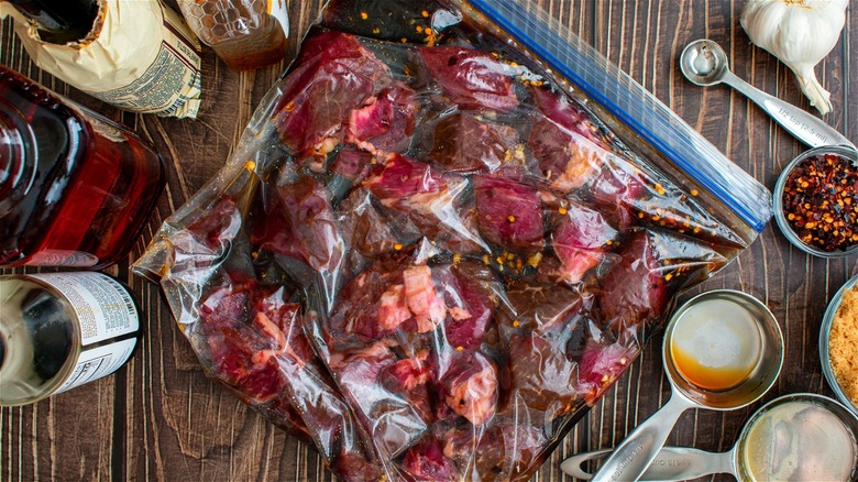 Marinated steak tips in plastic bag 