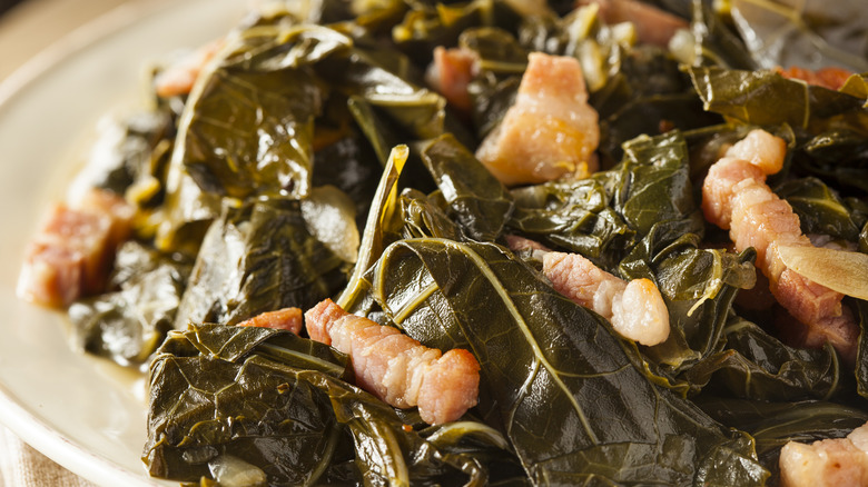 Collard greens up close with bacon bits