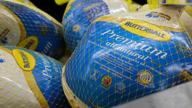 Frozen turkeys in grocery store