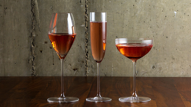 Pink Champagne in the three main types of glasses