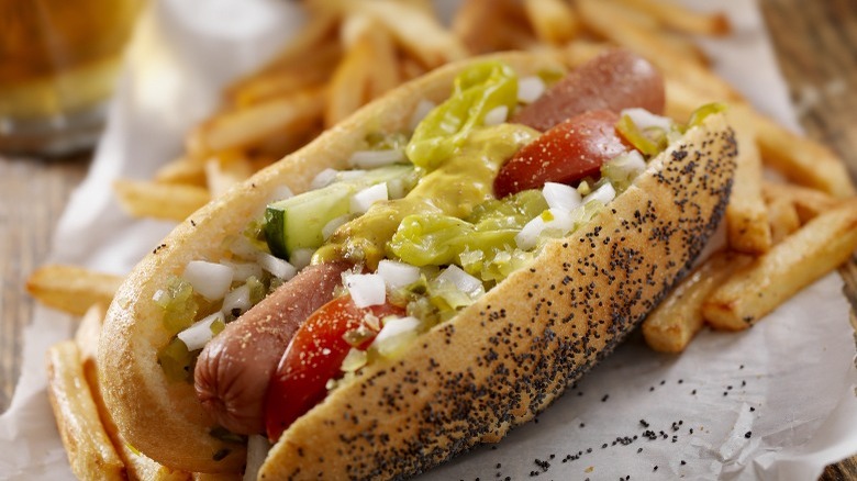 Hot dog loaded with toppings