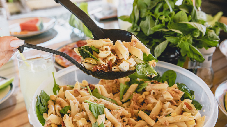 Pasta salad on a spoon