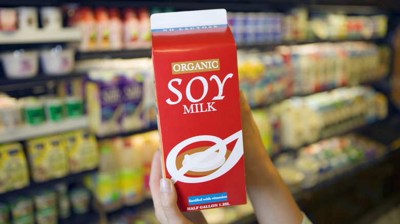 Red container of organic soy milk