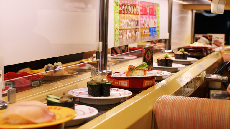 Sushi served to customers on a conveyor belt