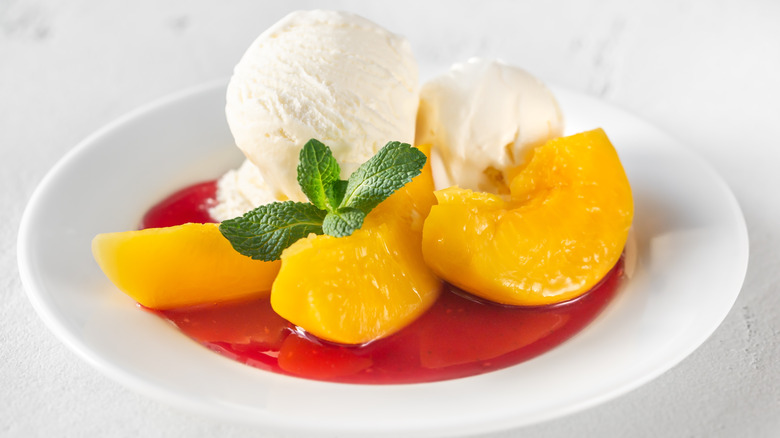 peach melba with mint leaf