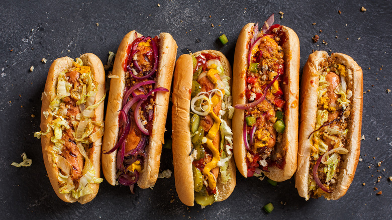 Hot dogs with several toppings