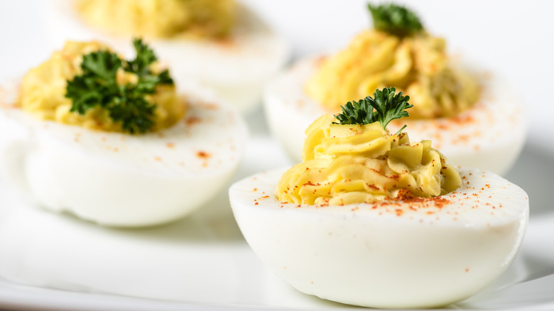 closeup of deviled eggs