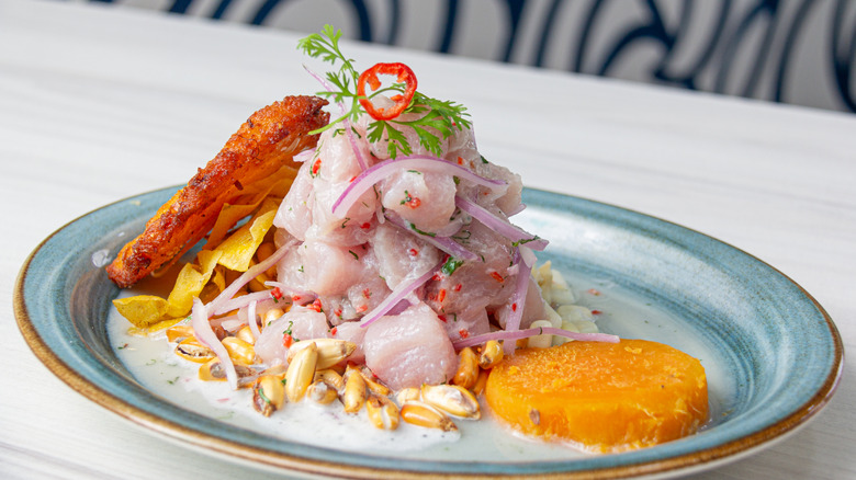 Plate of ceviche with plantains