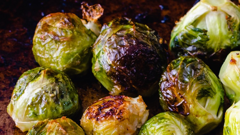 closeup roasted brussels sprouts charred