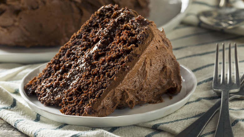 A slice of chocolate cake on a white plate