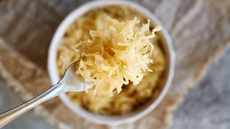 Sauerkraut on a fork above a bowl of fermented cabbage