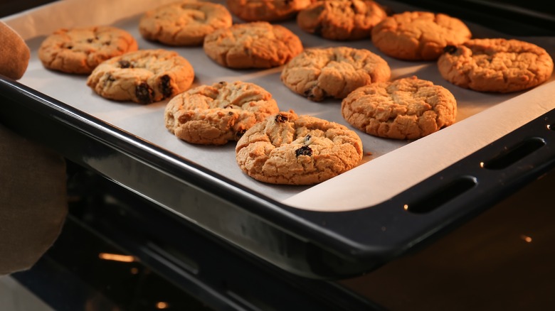 Baking sheet with cookies in oven